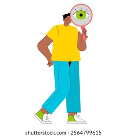 Young businessman concept. A proactive professional attentively magnifying opportunities with a giant eye. Vision for success in a corporate world. Vector illustration.