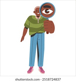 Young businessman concept. Professional male character holding magnifying glass for focused analysis. Vision, observation and discovery in business. Vector illustration.