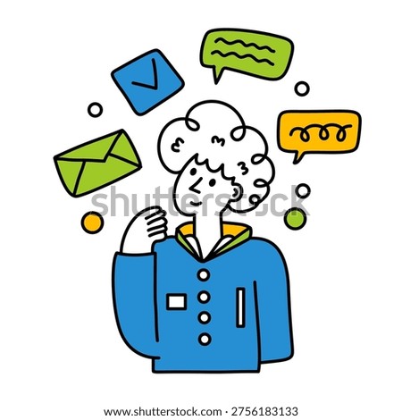 young businessman considering various incoming digital messages and social media icons for productivity