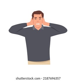 Young businessman covering his ears with his hands. Flat vector illustration isolated on white background