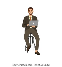 Jovem empresário Creative Outsourced Employee Sentado na Cadeira Trabalhando no Laptop. Ilustração de vetor plano isolada no plano de fundo branco