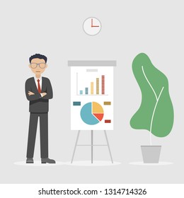 Young businessman with crossed arms presenting data on meeting conference. Flipchart presentation concept. Vector isolated illustration