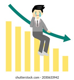 Young businessman crying on bar chart feeling sad because of decreasing sales. growth decline, sales drop, loss income.