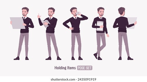 Junger Geschäftsmann süß gut aussehender Mann formelle Outfit-Set, Halteelement Pose. Smart Business Office Pullover mit V-Ausschnitt, Krawatte, weißer Hemdkragen, graue Kostümhose, klassische Schuhe. Vektorgrafik