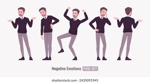 Junger Geschäftsmann, süßer gut aussehender Mann, formales Outfit setzen negative Emotionen. Smart Business Office Pullover mit V-Ausschnitt, Krawatte, weißer Hemdkragen, graue Kostümhose, klassische Schuhe. Vektorgrafik