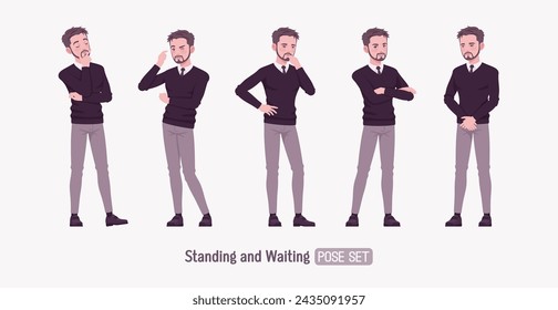 Young businessman, cute handsome man in formal outfit set, standing pose. Smart business office V-neck pullover sweater, tie, white shirt collar, grey costume pants, classic shoes. Vector illustration