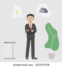 Young Businessman With Data Storage, Media Server. Web Hosting And Cloud Technology Blackout Concept. Data Protection, Database Security. Back Up Cloud. Isolated Illustration.