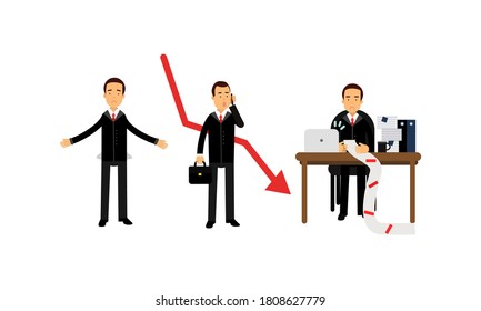 Young Businessman Depressed Because of Economic Downfall and Regression Vector Illustration Set