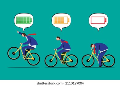 A young businessman is determined to work with a full battery until the battery runs out. Flat vector illustration design
