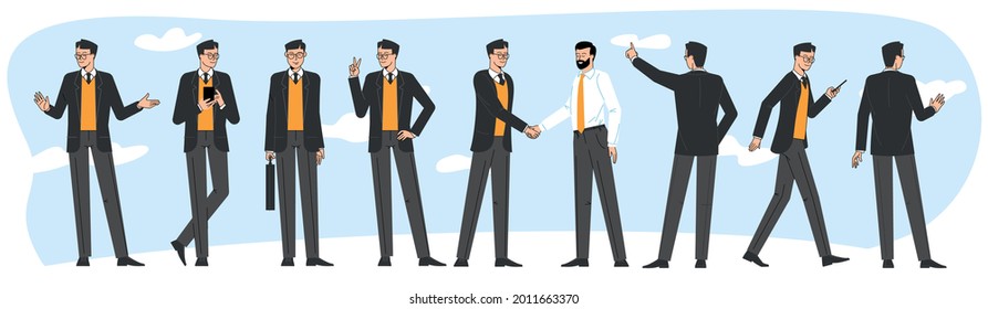 Young businessman in different poses vector set. Flat character activities and gestures.