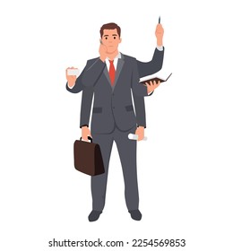 Young Businessman do a multi tasking. Flat vector illustration isolated on white background