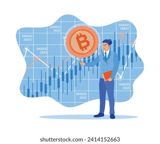 Young businessman with documents. Financial investment with bitcoin hologram floating between stock market candlestick charts. Finance control scenes concept. Flat vector illustration.