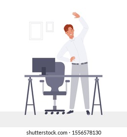 Young businessman doing exercises at workplace. Vector illustration in a flat style