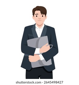 Young businessman dressed in a formal suit, confidently holding a briefcase with a slight smile. Flat vector illustration isolated on white background