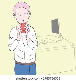 Young businessman drinking coffee,  in bright office. Hand drawn in thin line style, vector illustrations.