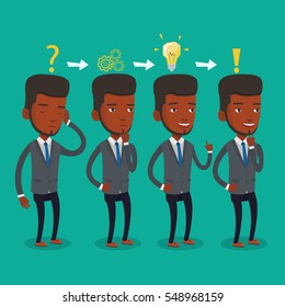 Young businessman during business planning. An african-american businessman working on a new business plan. Business planning concept. Vector flat design illustration. Square layout.