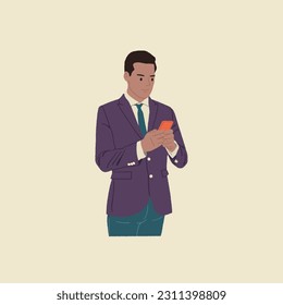 Young businessman editable vector illustration on the way to the office searching information on the internet with a smartphone. Business, education, lifestyle concept. 