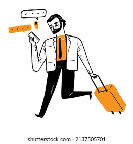 Young businessman or employee dragging the suitcase along with type text message with smartphone. Hand drawn vector illustration doodle style.