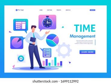 Young businessman is engaged in time management. Flat 2D character. Landing page concepts and web design.
