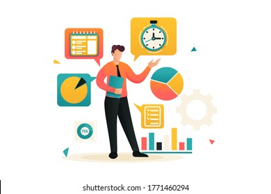 Young businessman is engaged in time management. Planning your time. Flat 2D character. Concept for web design