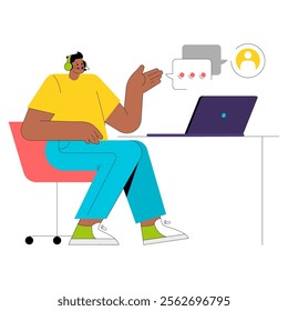 Young businessman engaging in an online conversation with a chatbot on his laptop, incorporating artificial intelligence. Vector illustration.