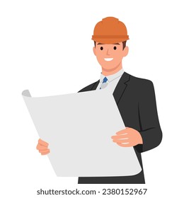 Young businessman engineer developer holding blueprint. Flat vector illustration isolated on white background