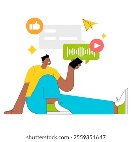 Young businessman enjoying social media interaction with likes and video content on his smartphone. Vector illustration.
