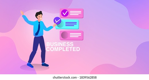The young businessman is examining the items completely. Successfully complete business assignments. Flat vector illustration.