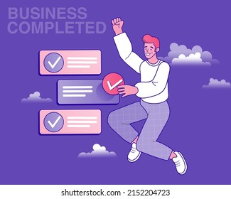 The young businessman is examining the items completely. Successfully complete business assignments. Flat vector outline illustration.
