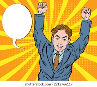 The young businessman was excited and surprised. Hand drawn style vector design illustration. Retro pop art.