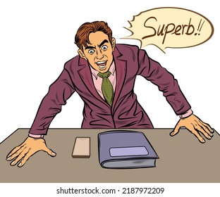 The young businessman was excited and surprised. He opened his eyes wide and shouted loudly.hand drawn style vector design illustration isolated on a white background.