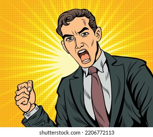 The young businessman was excited and surprised. He opened his eyes wide and shouted loudly.hand drawn style vector design illustration. 