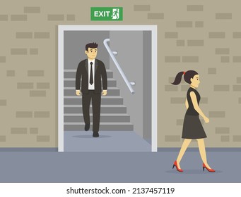 Young businessman exit office down stairs. Male character staring at female in the building. Flat vector illustration template.