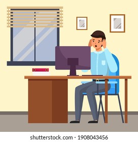 Young businessman experiencing stress at work because of the bed news and office chaos. Man sitting at a table with computer looking at the monitor, character surprised opened his mouth and eyes wide