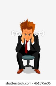 Young businessman exploding with anger and rage. Manager man with angry face and messy hair sitting on chair with hands at head