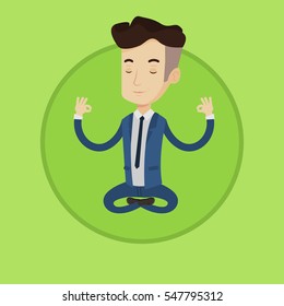 Young businessman with eyes closed meditating in yoga lotus position. Caucasian businessman relaxing in the lotus position. Vector flat design illustration in the circle isolated on background