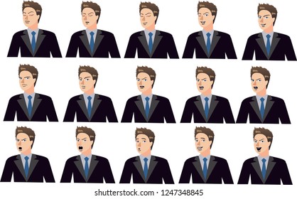 Young Businessman Face Expression, Sad, Happy, Angry, Upset, Surprise, Smile, laughing, Shouting - Vector