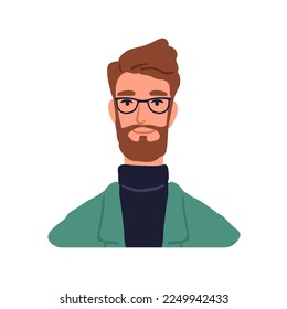 Young businessman, face head portrait. Business man in eye glasses. Bearded male character in eyeglasses. Modern smart office worker, expert. Flat vector illustration isolated on white background