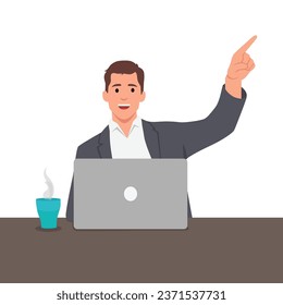 Young businessman feeling shocked and surprised, pointing and looking upwards in awe with amazed. Flat vector illustration isolated on white background.