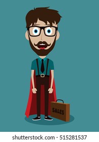Young businessman in flat style cartoon superhero with briefcase