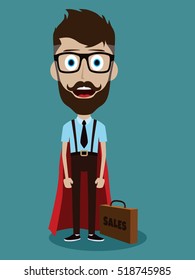 Young businessman in flat style cartoon superhero with briefcase