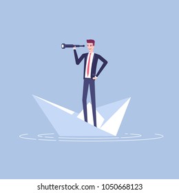 Young businessman floating on a paper boat and looking at the spyglass vector flat illustration. Business concept search of opportunity and risk.