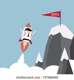 Young Businessman fly with rocket to mountain top,success concept