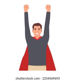 Young businessman flying with hands up. Career advancement. Cartoon guy in suit and superhero mantle. Flat vector illustration isolated on white background