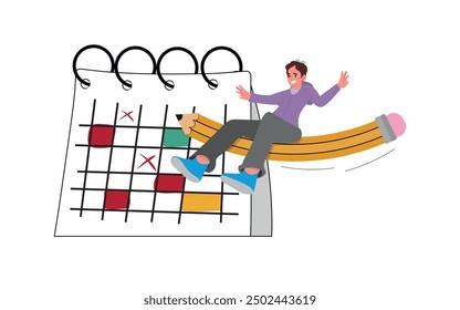 Young businessman flying on big pencil and checking events in calendar. Scheduling. Time management and deadline concept.