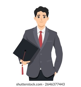 Jovem empresário de terno e gravata vermelha orgulhosamente segura um boné de formatura. Ilustração de caractere de vetor plano