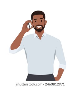 Joven empresario en ropa formal hablando por teléfono. Ilustración vectorial plana aislada sobre fondo blanco