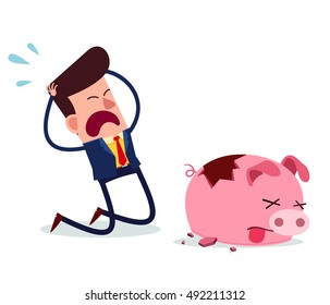 young businessman get desperate because of his piggy bank get broken