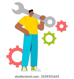 Young businessman with a giant wrench symbolizing problem-solving and productivity. Creative professional tackling challenges. Vector illustration.