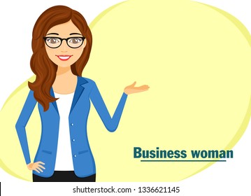 Young businessman girl. The girl in a business suit is depicted to the waist. Hand gesture. Business and Finance. Flat style on white background. Cartoon.